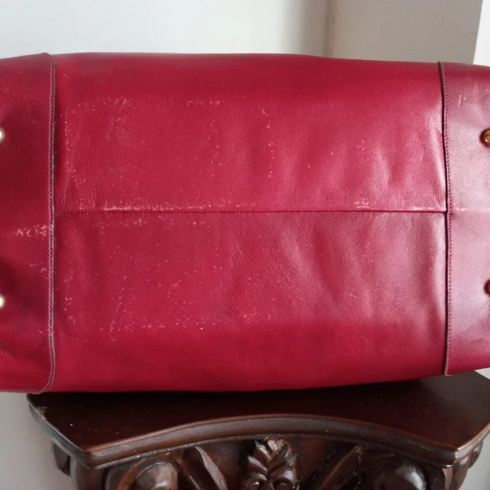 VINTAGE 80S 90S CROUCH & FITZGERALD BURGUNDY LEATHER BARREL PURSE BAG - Picture 7 of 9